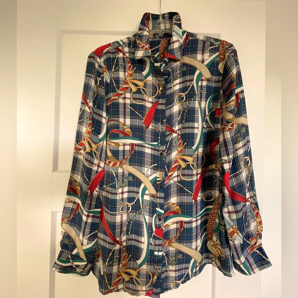 J.MCIAUGHIN Equestrian green/blu print long slv buttonfront 51% Silk/49% Viscose